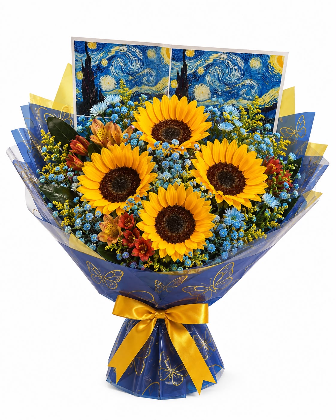 Buqu� Noite Estrelada Van Gogh Com 4 Girass�is