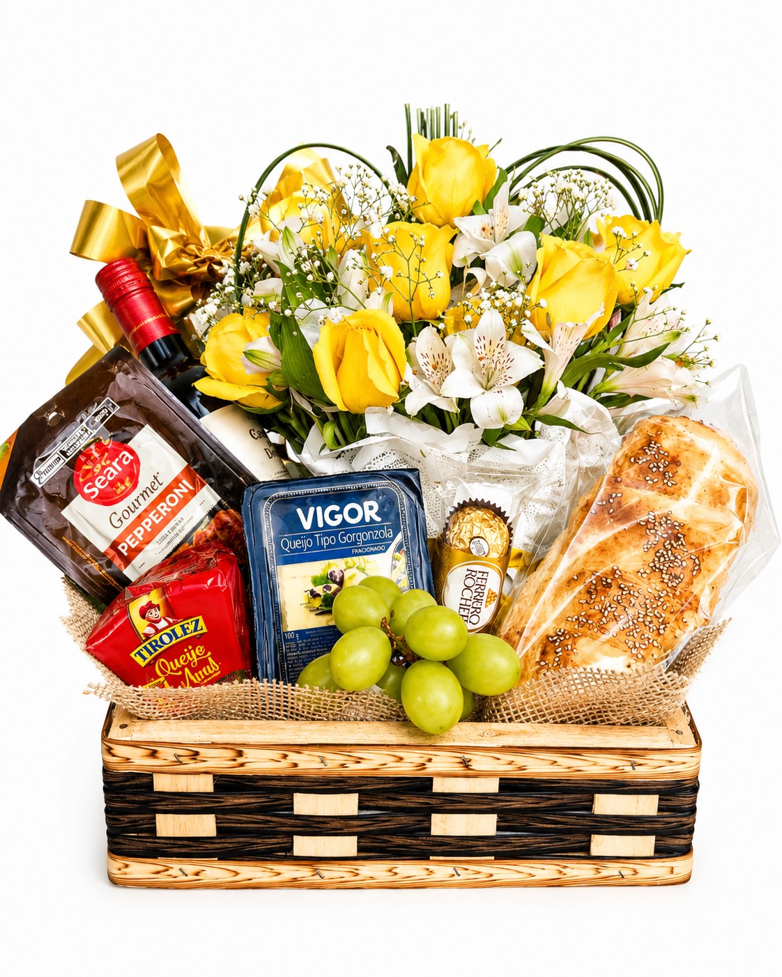 Cesta Gourmet com Rosas Amarelas